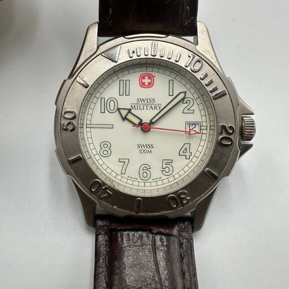 Swiss Military Watch Men Silver Tone Brown Leather Band Water Resistant Works - Picture 1 of 12